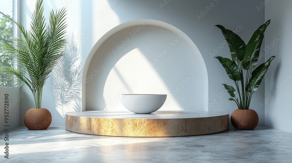 Aufkleber modern minimalist 3d render with a white background featuring an empty pedestal, golden rings, and p