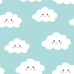 Seamless pattern with cute clouds. Childish pattern. Vector illustration on blue background. It can be used for wallpapers, wrapping, cards, patterns for clothes and other.