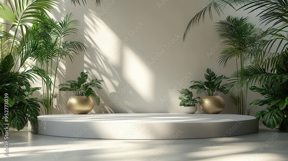 Poster modern minimalist 3d render with a white background featuring an empty pedestal, golden rings, and p