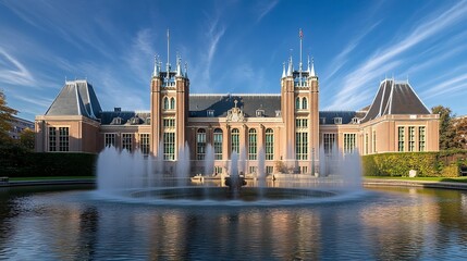 Fototapeta premium A grand, symmetrical building with a large fountain in front, surrounded by green trees and a blue sky with white clouds.