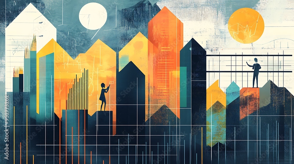 Poster abstract cityscape with figures examining graphs and charts
