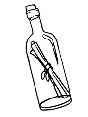 simple line art illustration of bottle containing rolled-up message, 