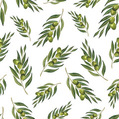 Watercolor green olive branches seamless pattern For wallpaper olive oil wrapping floral print textile cafe decoration design Background Botanical ornament Scrapbooking Italian plant Organic Natural