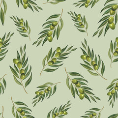 Watercolor olive branches seamless green pattern For wallpaper olive oil wrapping floral print textile cafe design decoration Background Scrapbooking Botanical ornament Italian plant Organic Natural