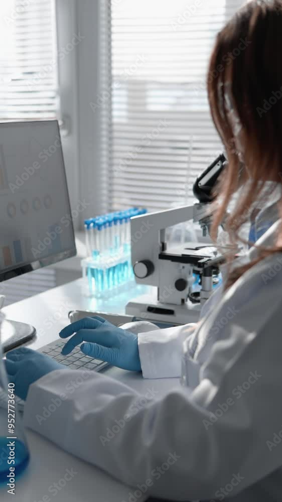 Aufkleber Scientist Analyzing Data in Modern Laboratory with Microscopes and Test Tubes