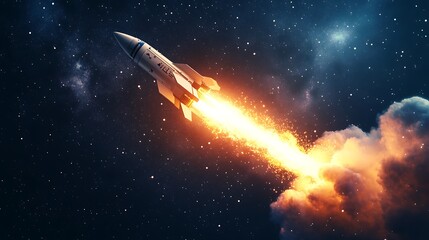 A rocket ship soaring through space with a fiery trail.