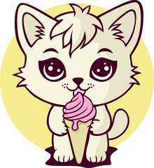 Cute Little Cat Holding Ice Cream Cartoon Illustration