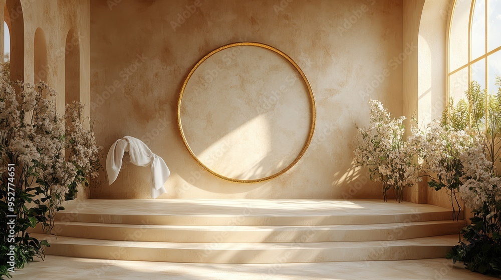 Aufkleber 3d render of an abstract beige background with sunlight rays, a modern minimal showcase, a golden fr