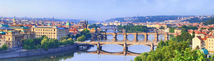 City summer landscape, panorama, banner - top view of the historical center of Prague with the Vltava river and bridges, Czech Republic