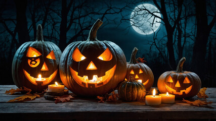 Halloween pumpkin head jack lantern with burning candles, Spooky Forest with a full moon and wooden table, Pumpkins In Graveyard In The Spooky Night 