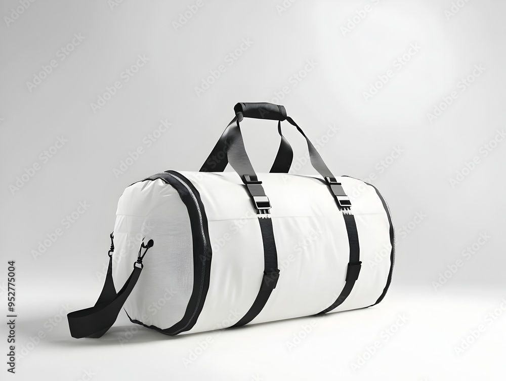Poster compact and weatherproof duffel bag with reinforced straps centered on a blank white stage conceptua