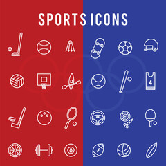 Set of Olympic, exercise and sport line icons in minimal and simple style. Soccer, volleyball, baseball, basketball, bowling, table tennis, golf, archery, weightlifting, fencing, bicycle, medal.
