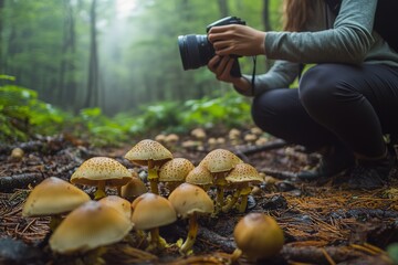 Photographer capturing mushrooms in misty forest