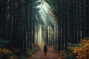 Person walking through sunlit forest on tranquil path