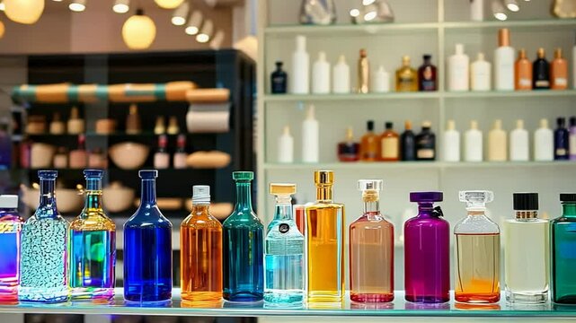 A vibrant collection of artisan fragrances showcases a variety of colored bottles, attracting customers in a charming boutique setting during daylight hours.