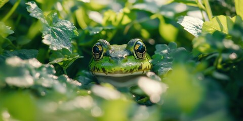 A vibrant green frog peeks through lush green foliage, indicating its serenity and seamless blend into nature.