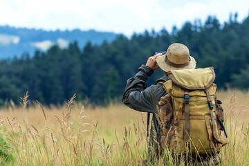 An adventurer with a backpack and hat takes a photograph of the scenic wilderness in daylight.