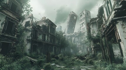 Post-apocalyptic city with crumbling buildings overrun by vegetation Gritty and worn muted desaturated colors heavy textures detailed 3D ruins