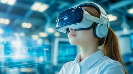 A young woman engages with virtual reality equipment in a bright, high-tech office environment
