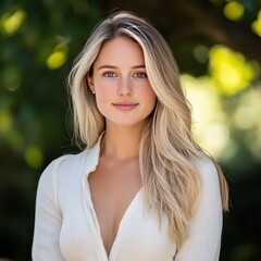 Naklejka premium A portrait of a young woman in natural light, showcasing her radiant beauty and serene expression against a blurred greenery background.