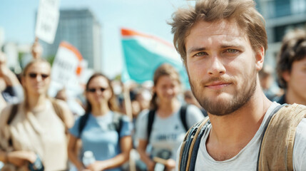 Fototapeta premium Young man among a diverse crowd of protesters holding signs and banners during a vibrant rally in the city center on a sunny day