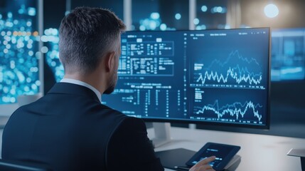 A professional analyzing financial data on multiple screens in a modern office environment, showcasing data visualization.