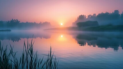 Fototapeta premium serene sunrise over calm river landscape tranquil natural scenery peaceful morning atmosphere outdoor photo
