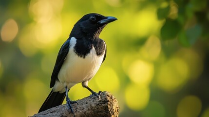 Obraz premium A solitary bird perched on a log in a vibrant green forest