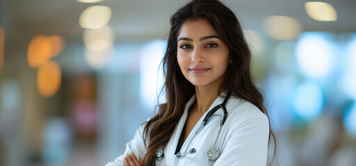 Obraz premium a banner featuring a confident indian female doctor in a hospital setting, standing with crossed arms, symbolizing medical professionalism