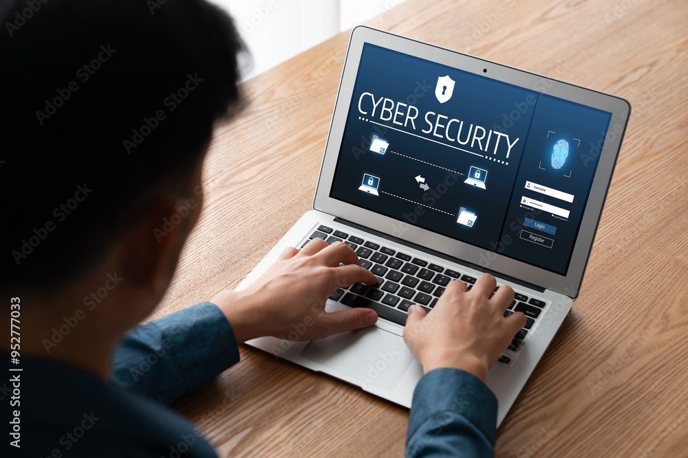 Poster cyber security system on computer screen protect private information snugly from hacker and cyber at