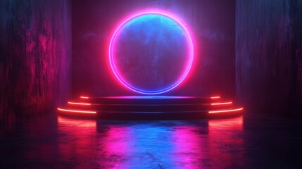 3D render abstract glowing neon background with a blank rounded frame and gradient light.