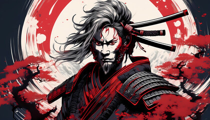 Scary samurai illustration influenced by modern manga