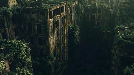 Overgrown abandoned cityscape with vegetation reclaiming derelict buildings Post-apocalyptic gritty worn muted desaturated colors heavy textures detailed 3D architecture