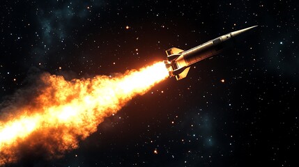 A Spacecraft Launches Through The Stars, Leaving A Trail Of Fire