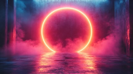 3D render abstract glowing neon background with a blank rounded frame and gradient light.