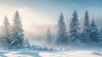 serene winter wonderland with snowladen evergreen trees soft light filters through misty air casting a magical glow on the pristine white landscape evoking tranquility and natural beauty