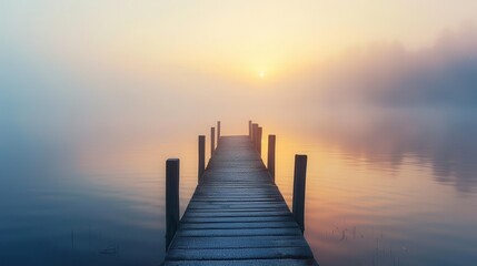 Fototapeta premium serene wooden pier extends into misty lake at sunrise golden light filters through fog creating a dreamlike atmosphere calm waters reflect pastel sky evoking peace and tranquility