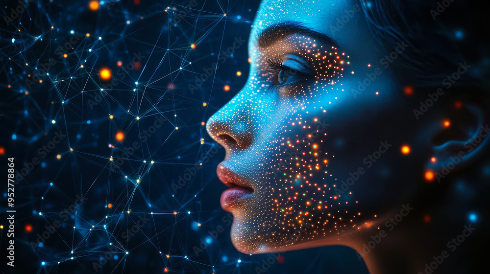 Poster profile of woman with glowing neon network nodes and interconnected pathways illustrating artificial