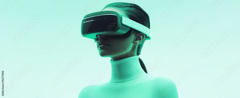 Sticker woman wearing a virtual reality headset against a turquoise background.