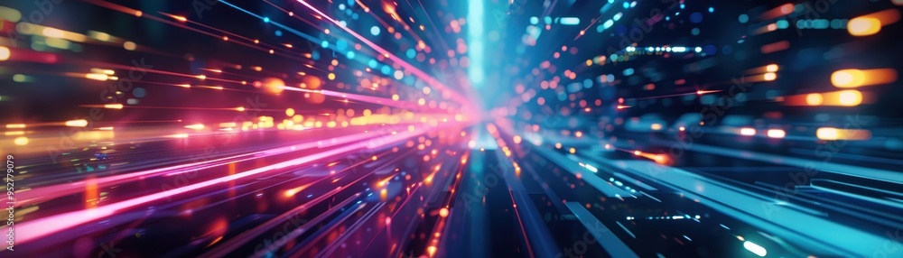Poster vivid futuristic light trails in a hyper-speed tunnel, showcasing motion and energy in a digital abs