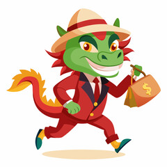 Businessman Looking Cartoon 2D Vector Illustration of a Running Dragon Holding Money Bags, Front View, White Background