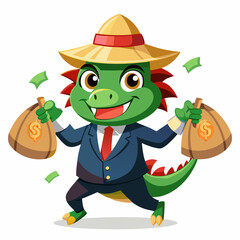 Businessman Looking Cartoon 2D Vector Illustration of a Running Dragon Holding Money Bags, Front View, White Background