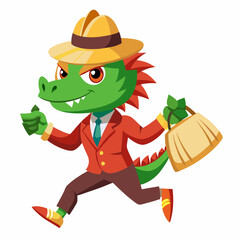 Businessman Looking Cartoon 2D Vector Illustration of a Running Dragon Holding Money Bags, Front View, White Background
