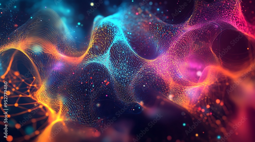 Poster abstract digital network with wavy lines and glowing particles