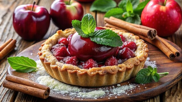 Fresh green leaves surround a juicy red fruit with a sweet, crumbly pastry crust, garnished with cinnamon sticks and a sprinkle of sugar.
