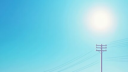 A vibrant blue sky with a bright sun and silhouettes of power lines, perfect for backgrounds and serene atmospheres.