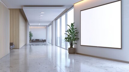 sleek digital billboard in modern office lobby seamlessly integrated into minimalist architecture soft ambient lighting highlighting frame