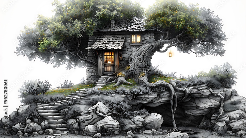 Poster a charming stone cottage nestled within the branches of a large tree on a cliffside, with a lit wind