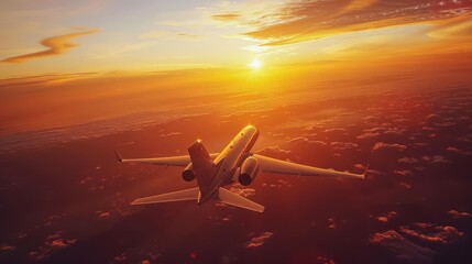 sleek luxury business jet soaring through golden sunset sky exclusive travel concept