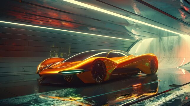 sleek hypercar concept with biomimetic design active aerodynamics and luminescent quantum dot paint glowing in a wind tunnel